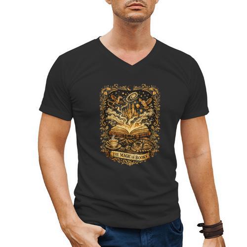 The Magic Of Books Vintage Style Reading Lover Cat & Tea Men's V-Neck T-Shirt - Bookorys AU