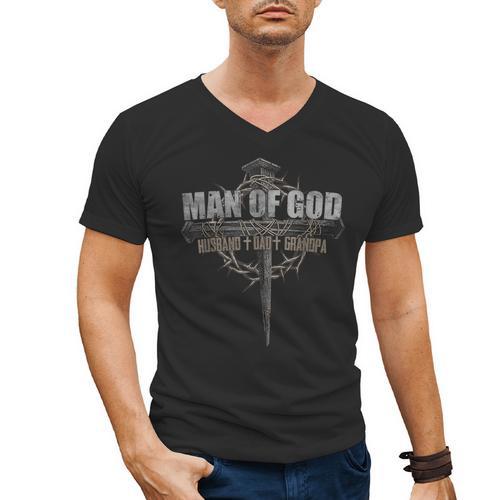 Man Of God Husband Dad Grandpa Cross Christian Men's V-Neck T-Shirt - Father's Day Fun