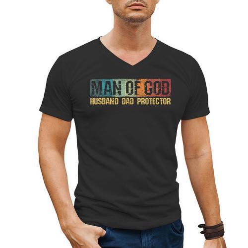 Man Of God Husband Dad Protector Christian Faith Fathers Day Men's V-Neck T-Shirt - Father's Day Fun