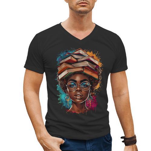 Melanin Girl Afro Book Lover Librarian Teacher Student Men's V-Neck T-Shirt - Bookorys UK