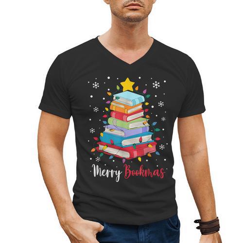 Merry Bookmas Book Christmas Tree Lights Xmas Men Women Kids Men's V-Neck T-Shirt - Bookorys DE