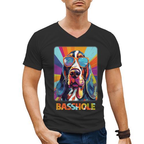 Mom & Dad Of a Basshole Basset Hound With Glasses -Adults Short Sleeve Men's V-Neck T-Shirt - Father's Day Fun