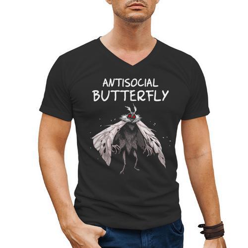 Mothman Shirt Antisocial Butterfly Introvert Cryptid Men's V-Neck T-Shirt - Raresse