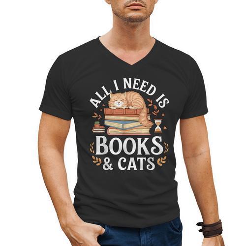 All I Need Is Books And Cats Reading Men's V-Neck T-Shirt - Bookorys