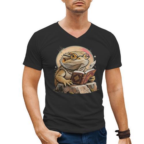 Nerdy Bearded Dragon Glasses Book Reading Men's V-Neck T-Shirt - Bookorys DE