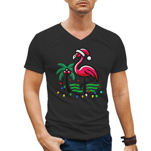 Nostalgia Holiday Tees -Adult Christmas Flamingo Small Short Sleeve Crew Neck Cotton Polyester Lightweight Ribbed Cuff Winter Men's V-Neck T-Shirt - Figerry