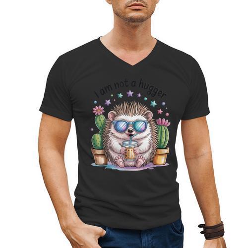 I Am Not a Hugger Introvert Hedgehog With Cactus Men's V-Neck T-Shirt - Raresse
