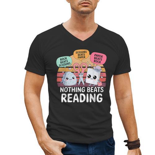 Nothing Beats Reading Rock Paper Scissors Books Lover Men's V-Neck T-Shirt - Bookorys