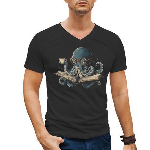 Octopus Reading Book Coffee Book Lover Bookworm Nerd Men's V-Neck T-Shirt - Bookorys CA