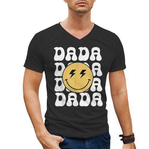 One Happy Family Birthday Matching Apparel Dada One Happy Dude Birthday Theme Family Matching Adult Child Short Sleeve Crew Neck Classic Fit Polyester 50 Cotton 50 Men's V-Neck T-Shirt - Father's Day Fun