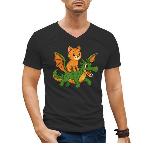 Orange Cat Dragon Riding Animal Lover Mom Dad Kids Men's V-Neck T-Shirt - Father's Day Fun