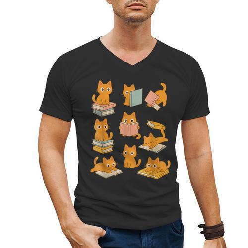 Orange Cats Reading Books Cat Lover Men's V-Neck T-Shirt - Bookorys
