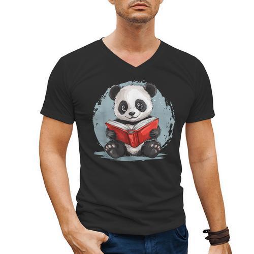 Panda With Book For Reading Enthusiasts Men's V-Neck T-Shirt - Bookorys