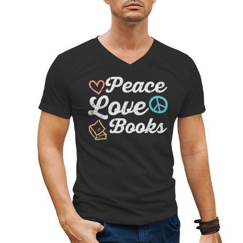 Peace Love Books Read Book Reading Librarian Across America Men's V-Neck T-Shirt - Bookorys