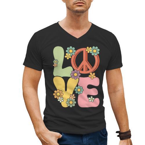 Peace Sign Love Groovy Vibes Costume Nostalgia 1980s Fashion Men's V-Neck T-Shirt - Figerry