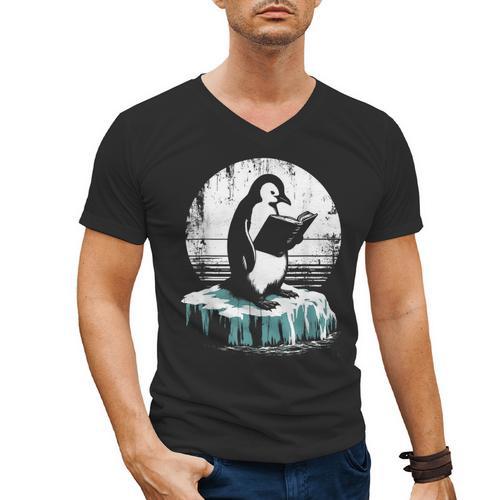 Penguin Reading A Book Vintage Graphic Bookworm Lover Men's V-Neck T-Shirt - Bookorys DE