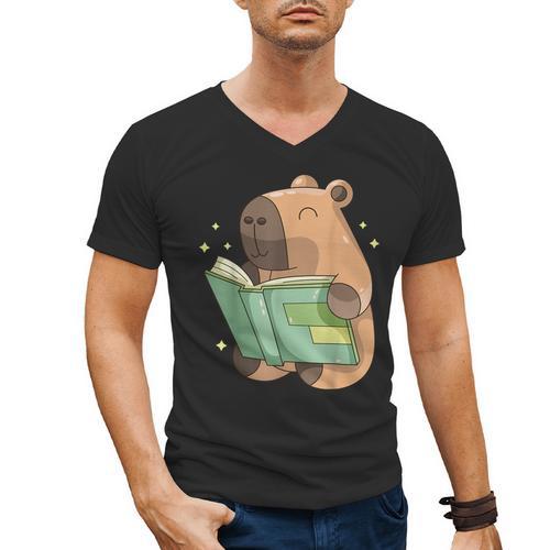 Pet Capybara Is Reading Library Capy Word Book Day Teacher Men Women Kids Men's V-Neck T-Shirt - Bookorys AU
