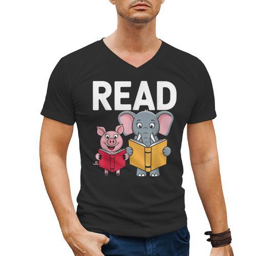Pig Elephant Reading Cute Book Lover Bookworm Boys Girls Kid Men's V-Neck T-Shirt - Bookorys