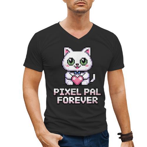 Pixel Art Pet Cat Y2K Retro Vintage Digital Nostalgia Tech Men's V-Neck T-Shirt - Figerry