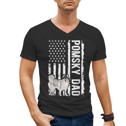 Pomsky Dad American Flag Pomsky Owner Pomsky Lover Men's V-Neck T-Shirt - Father's Day Fun
