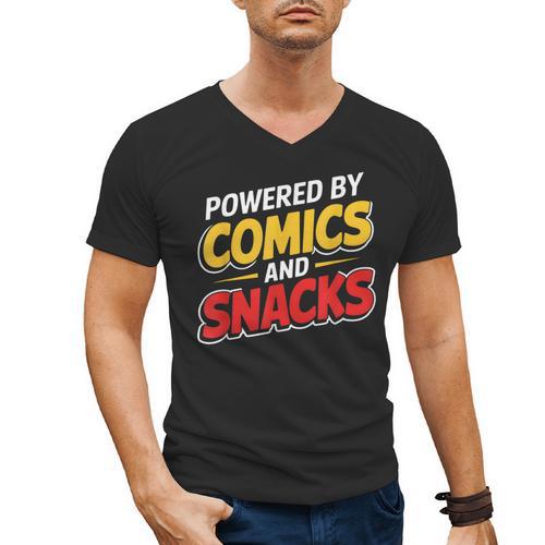 Powered By Comics And Snacks Comic Book Lover Men's V-Neck T-Shirt - Bookorys DE