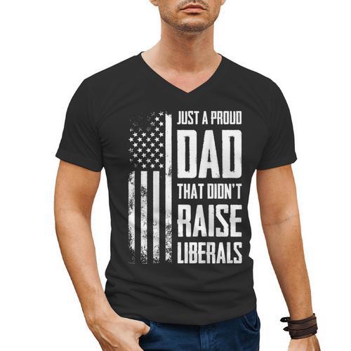 Proud Dad That Didn't Raise Liberals American Flag -ON BACK Women Men Men's V-Neck T-Shirt - Father's Day Fun
