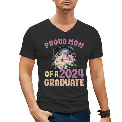 Proud Mom Of a 2024 Graduate Floral Flower Family Graduation Men's V-Neck T-Shirt - Best Gift Smart