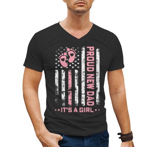 Proud New Dad New Girl Baby First Fathers Day American Flag Men's V-Neck T-Shirt - Father's Day Fun
