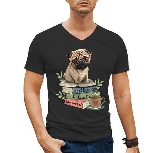 Pug Dog Reading Book Coffee Read Books Be Kind Stay Weird Men's V-Neck T-Shirt - Bookorys
