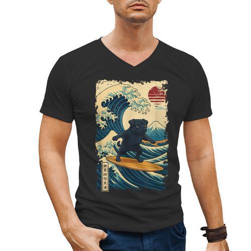 Pug Japanese Kanagawa Wave Surfing Japan Mom Dad Kids Men's V-Neck T-Shirt - Father's Day Fun