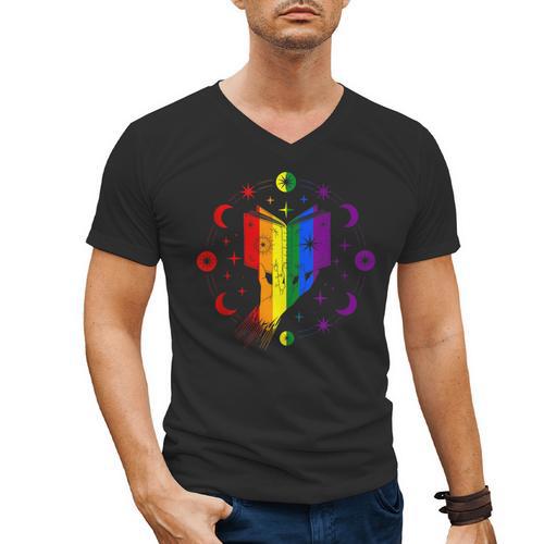 Rainbow Book With Stars And Moon Phases Gay Pride LGBT Men's V-Neck T-Shirt - Bookorys AU