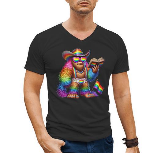 Rainbow Pride Bigfoot Reading Book With Heart Glasses Men's V-Neck T-Shirt - Bookorys DE