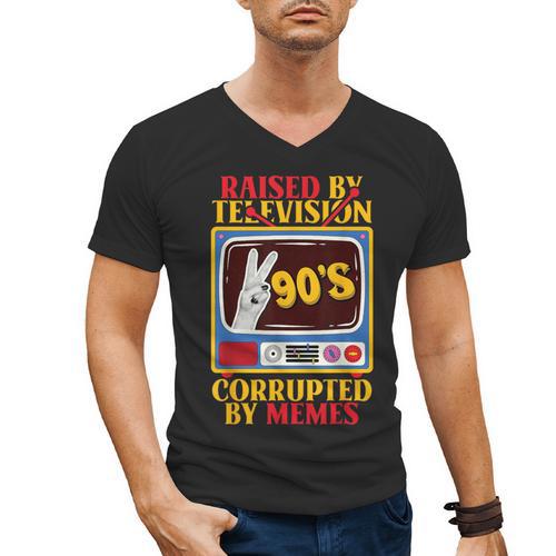 Raised By Television Corrupted By Memes Internet Nostalgia Men's V-Neck T-Shirt - Figerry