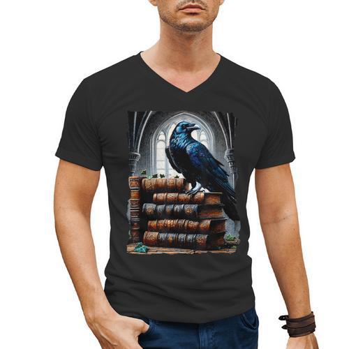 Raven On A Stack Of Books Wisdom Of Odin Men's V-Neck T-Shirt - Bookorys