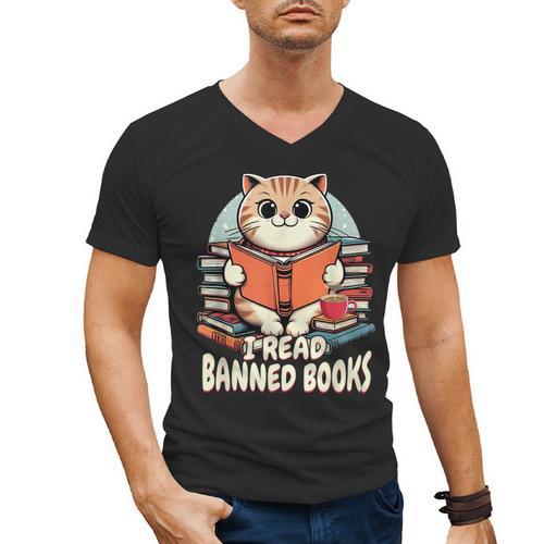 I Read Banned Books Shirt Cat Lover Bookworm Reader Men Women Kids Men's V-Neck T-Shirt - Bookorys AU