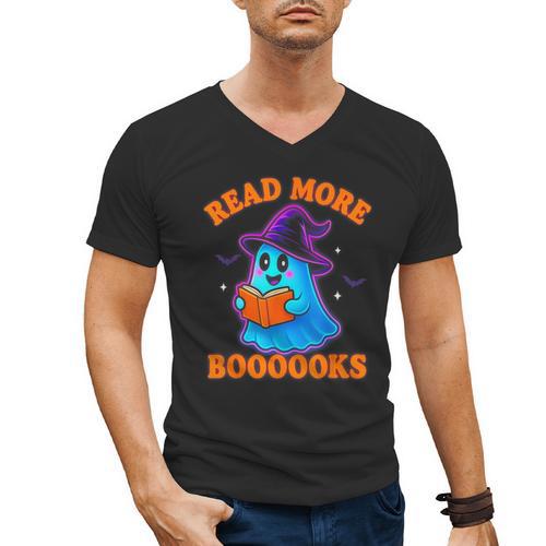 Read More Books Halloween Book Cute Ghost Reading Teaching Men's V-Neck T-Shirt - Bookorys