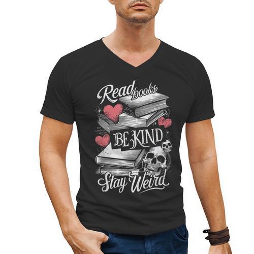 Read Books Be Kind Stay Weird Skeleton Heart Reading Alt Men's V-Neck T-Shirt - Bookorys