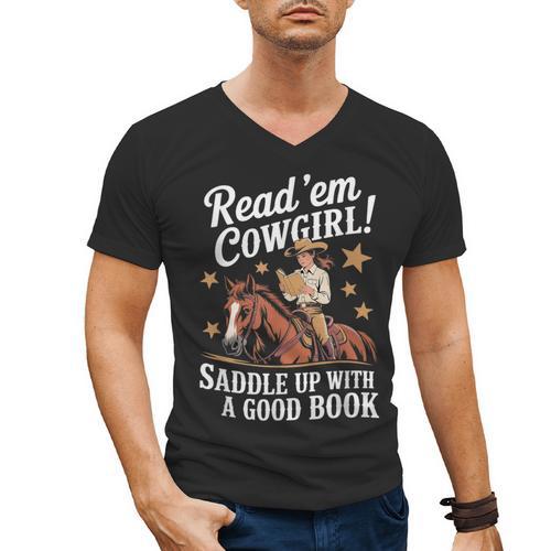 Read 'Em Cowgirl Saddle Up With A Good Book Rodeo Bookworm Men's V-Neck T-Shirt - Bookorys CA