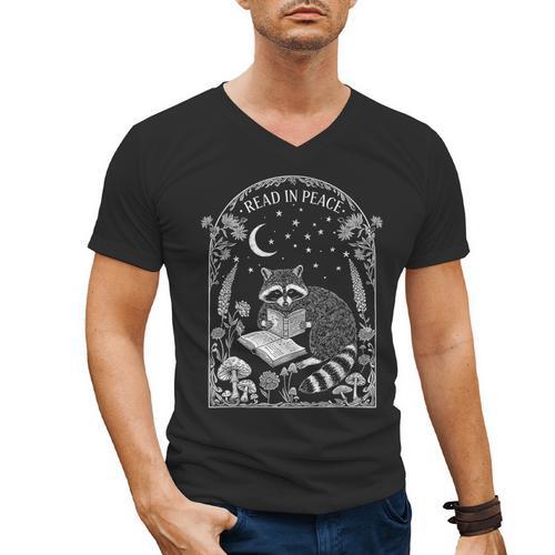 Read In Peace Raccoon Gothic Cottagecore Book Lovers Men's V-Neck T-Shirt - Bookorys CA