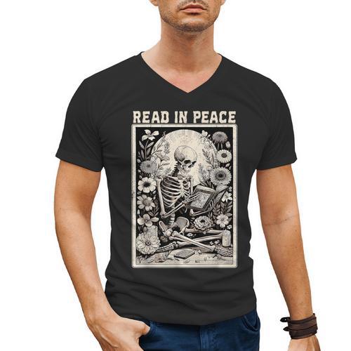 Read In Peace Skeleton Book Lover Bookworm Book Men's V-Neck T-Shirt - Bookorys