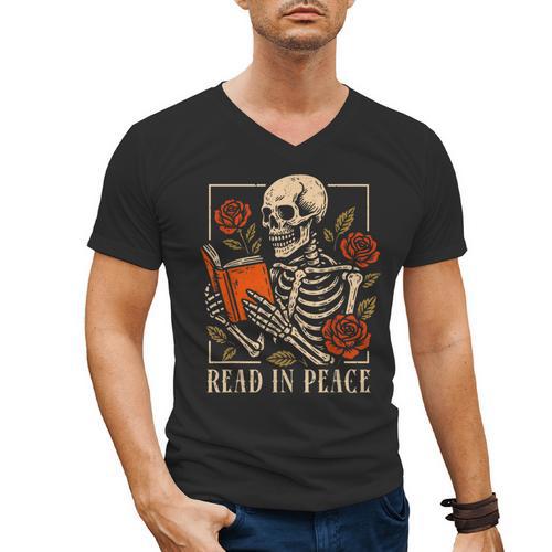 Read In Peace Skeleton Reading Book Halloween Teacher Men's V-Neck T-Shirt - Bookorys AU