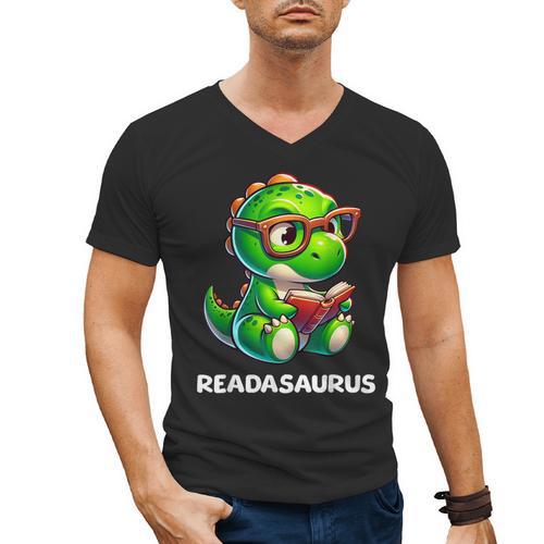 Readasaurus Reading Dinosaur Book Reader Bookworm Men's V-Neck T-Shirt - Bookorys DE