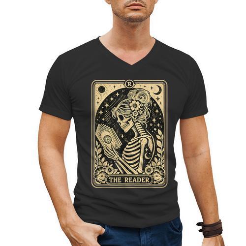 The Reader Tarot Card Book Lover Skeleton Reading Book Men's V-Neck T-Shirt - Bookorys