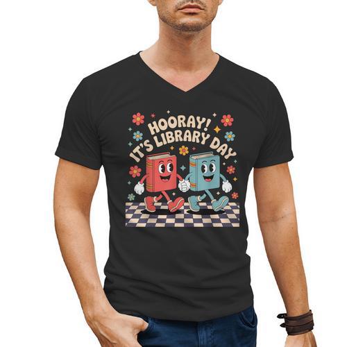 Reading Book Lover School Librarian Hooray It's Library Day Men's V-Neck T-Shirt - Bookorys AU