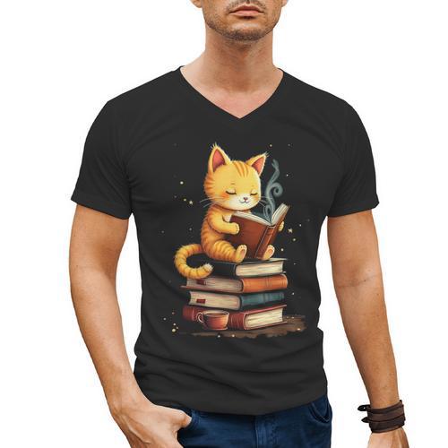 Reading Cat Books Cute Men's V-Neck T-Shirt - Bookorys AU