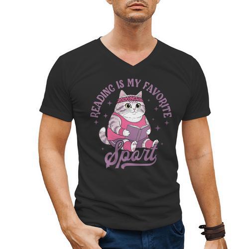 Reading Is My Favorite Sport Bookworm Cat Lover Book-Club Men's V-Neck T-Shirt - Bookorys