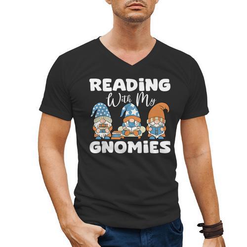 Reading With My Gnomies Gnomes Books Lover Bookworm Men's V-Neck T-Shirt - Bookorys