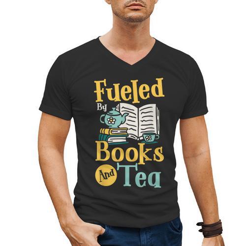 Reading Hobby Bookshelves Library Fueled By Books And Tea Men's V-Neck T-Shirt - Bookorys CA