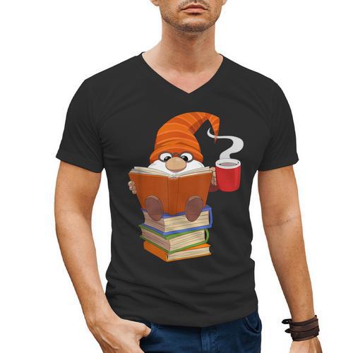 Reading Lover Book Graphic Gnome Men's V-Neck T-Shirt - Bookorys DE