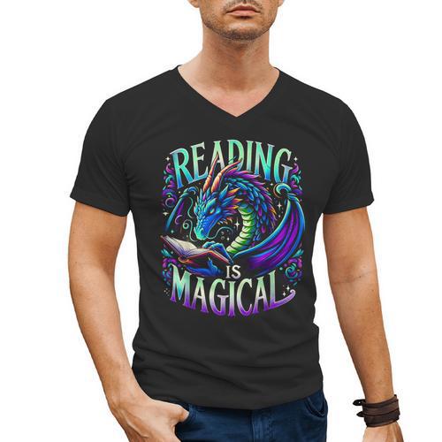 Reading Is Magical Dragon Tee Perfect For Book Lovers Kids Men's V-Neck T-Shirt - Bookorys